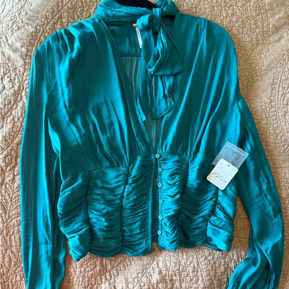 Teal Button-Up Blouse with Bow